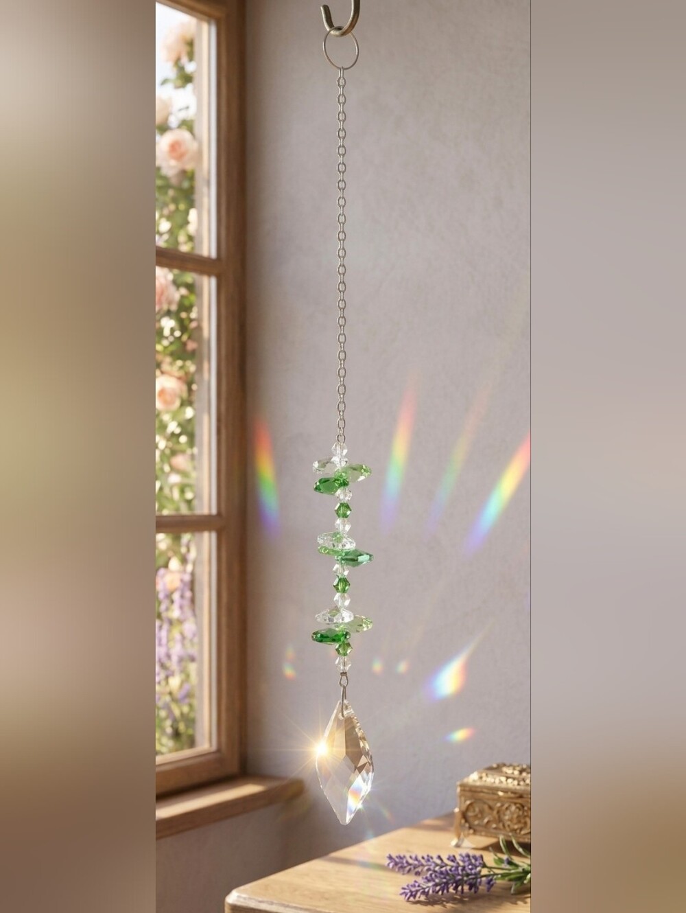 Green Glass Quartz Crystal Suncatcher